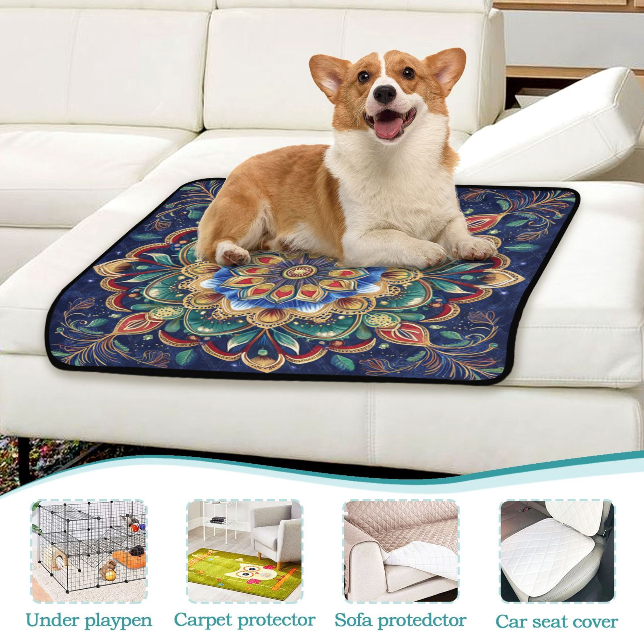 Washable Pet Pee Pads with Super Absorbent Reusable Training Pads for Dogs & Cats Vibrant Mandala Pattern