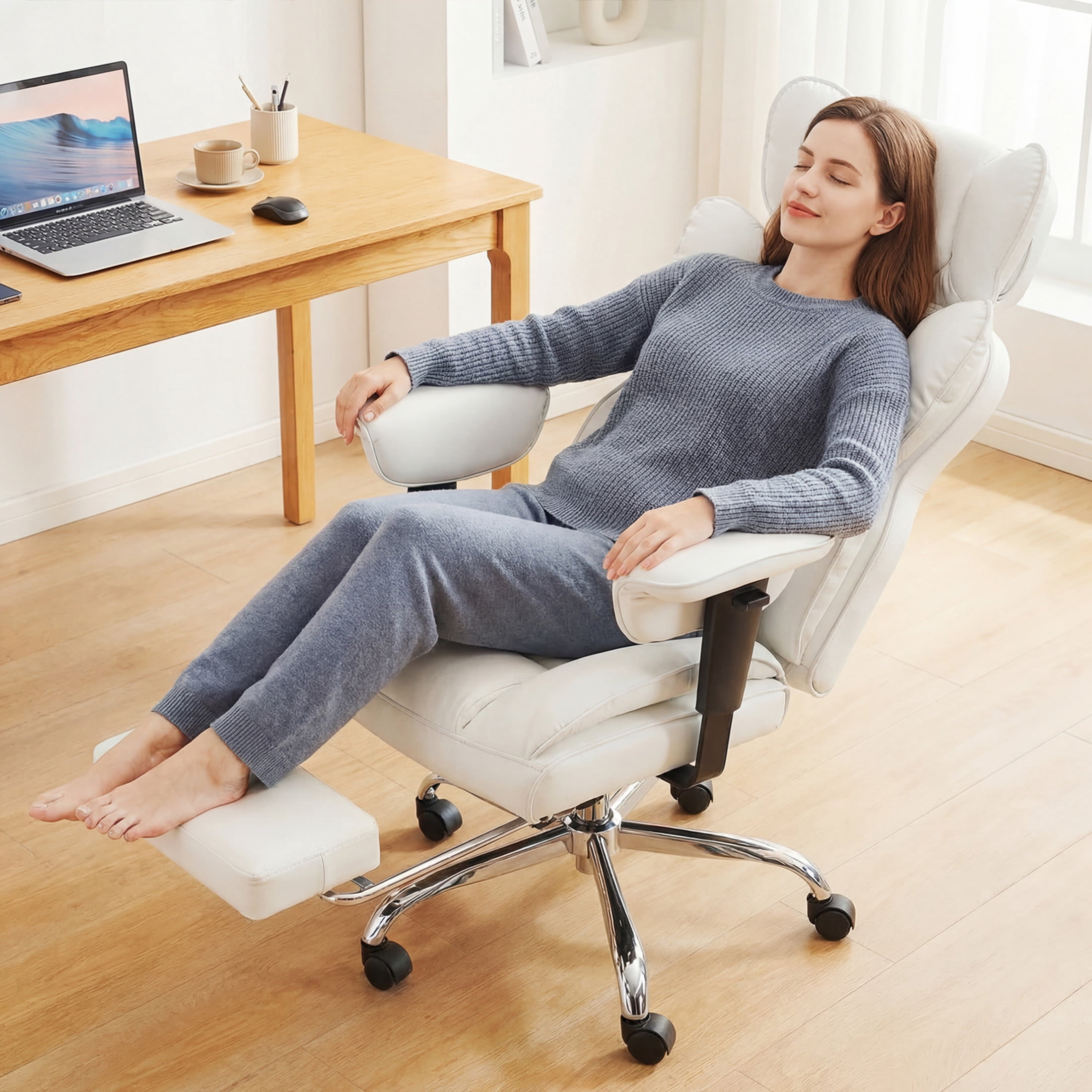 EDX Big and Tall Home Office Chair with Adjustable Armrests and Footrest,PU Leather Excutive Computer Chair with Wide Seat,Desk Chair with Ergonomic Lumbar Support,Beige
