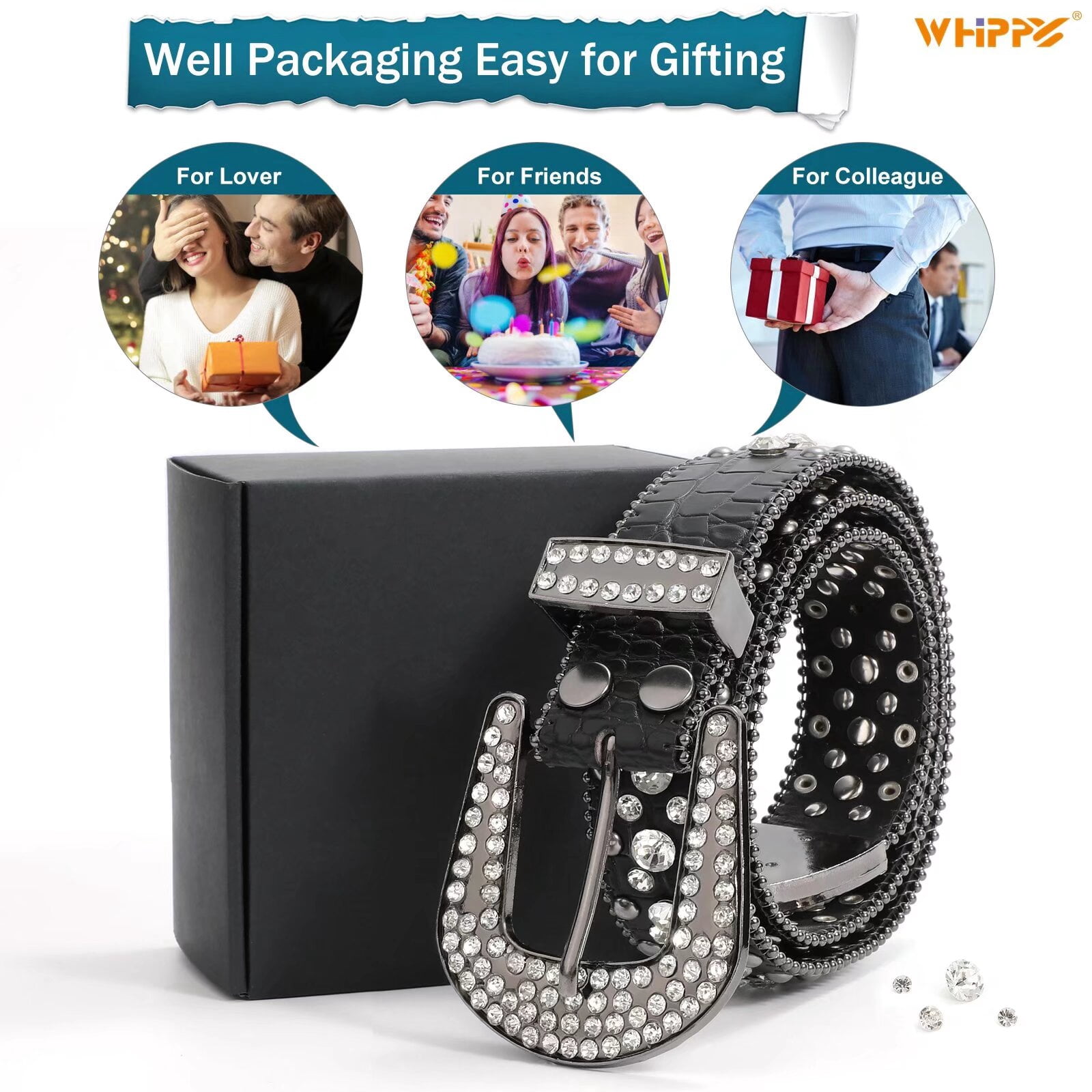 WHIPPY Women Men Rhinestone Studded Leather Belt, Western Cowgirl
