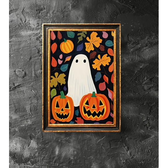 WestConfe Ghost and Pumpkin in the flower Poster, Spooky Art, Cute Ghost Poster, Halloween Poster, Funny Halloween Print