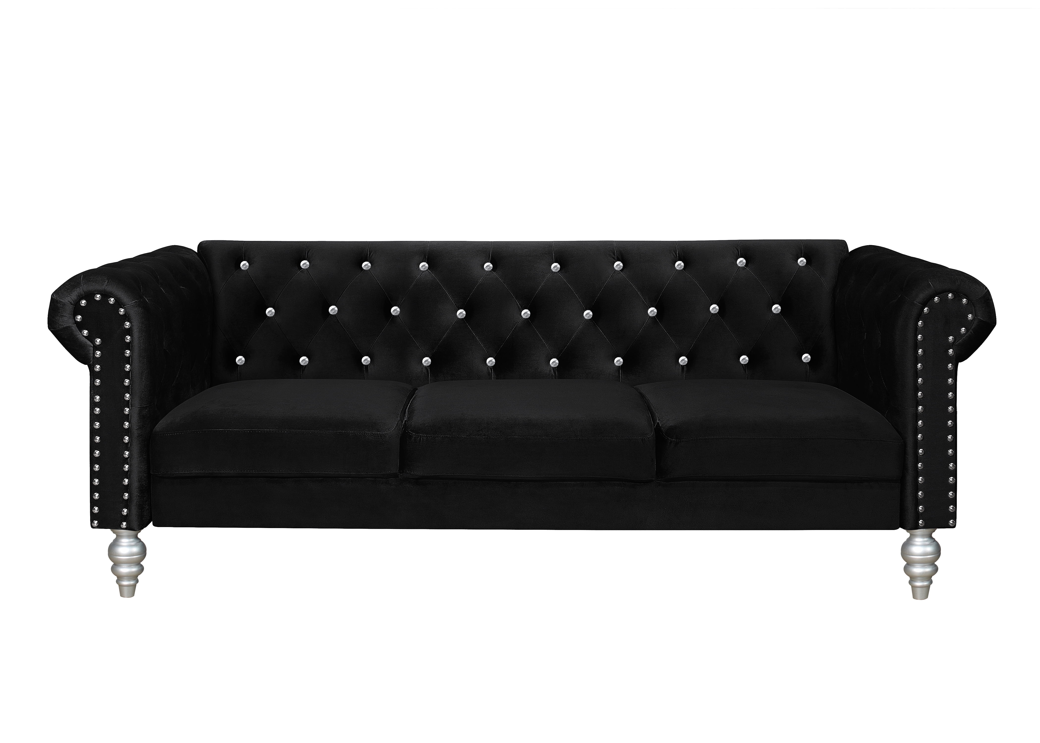 Home Design Emma Contemporary Velvet Rolled Arm Chesterfield Sofa with Diamond Button Tufted Back and Nailhead Trim, Wood-Turned Legs, Modern Luxury, Black