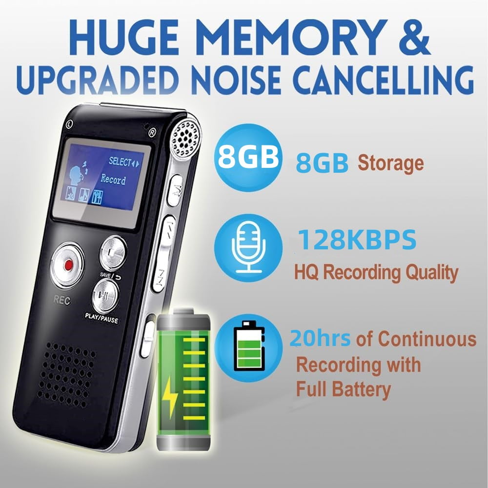 8GB Digital Voice Recorder - Voice Activated Recorder with Playback Upgraded Portable Tape Recorder for Lectures, Meetings, Interviews, Audio Recorder Dictaphone USB, MP3, Password