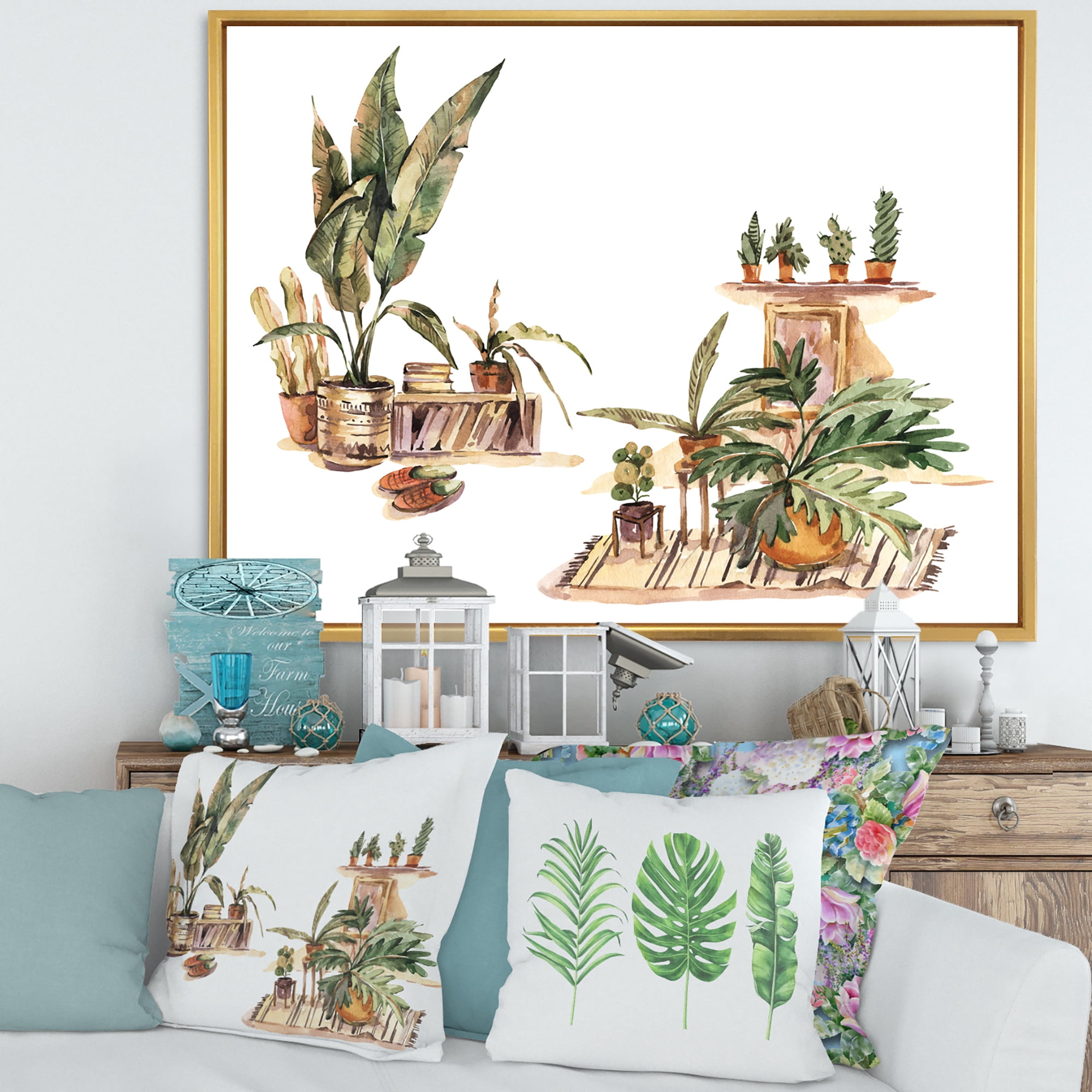 Designart 'Indoor House Plants Urban Jungle in Flowerpots III' Traditional Framed Canvas Wall Art Print