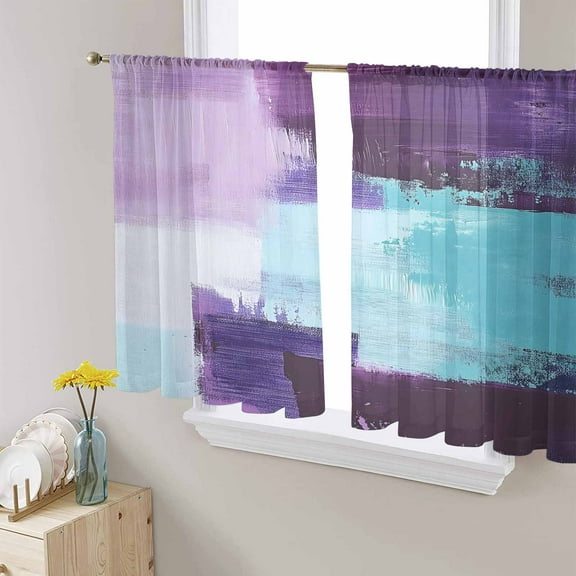 Purple Turquoise Semi Sheer Curtains 54 Inch Length 2 Panels Set, Geometric Modern Abstract Oil Painting Sheer Kitchen Curtain Privacy Voile Window Curtain for Living Room Bedroom Rod Pocket Drapes