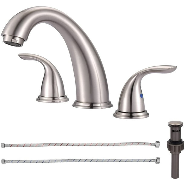 Widespread Bathroom Faucet Brushed Nickel 3 Hole Install,Double Handles Bathroom Faucet with Pop