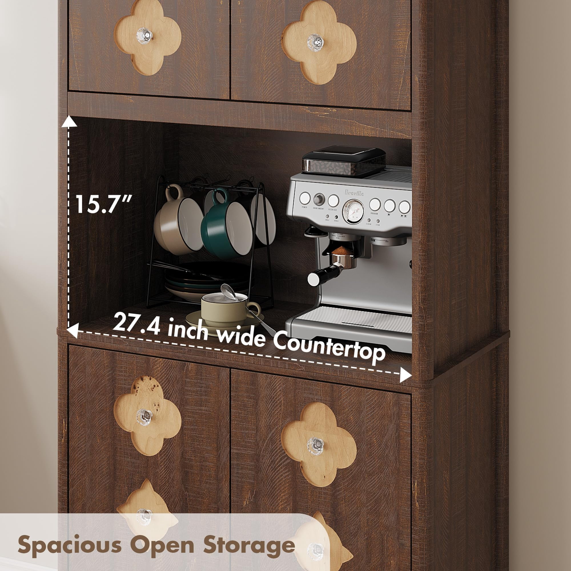 Kitchen Pantry Cabinet, 72" Tall Storage Cabinet with Countertop, Freestanding Wooden Hutch Cupboard with Carved Door & Crystal Handle, for Dining Room, Living Room