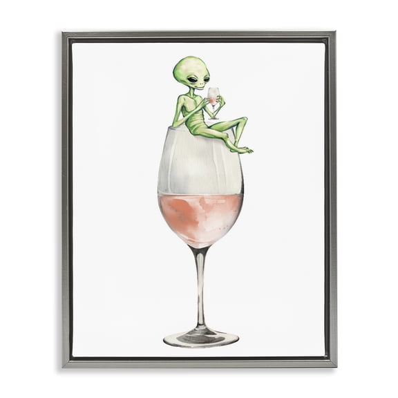 Stupell Industries Lounging Alien on Wine Glass Food & Beverage Painting Gray Floater Framed Canvas Art Print Wall Art, 17 x 21