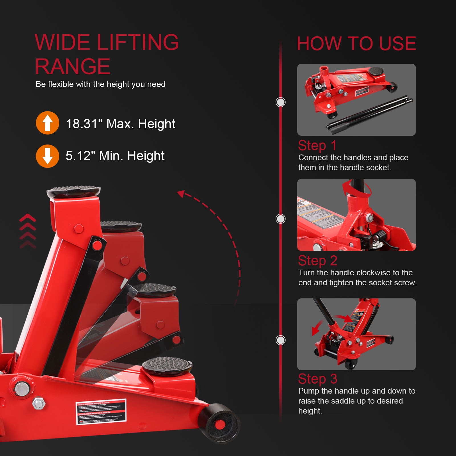 Big Red 3 Ton Hydraulic Floor Jack with Quick Lift Pump Car Jack, (6,000 lb) Capacity,Red,W83025