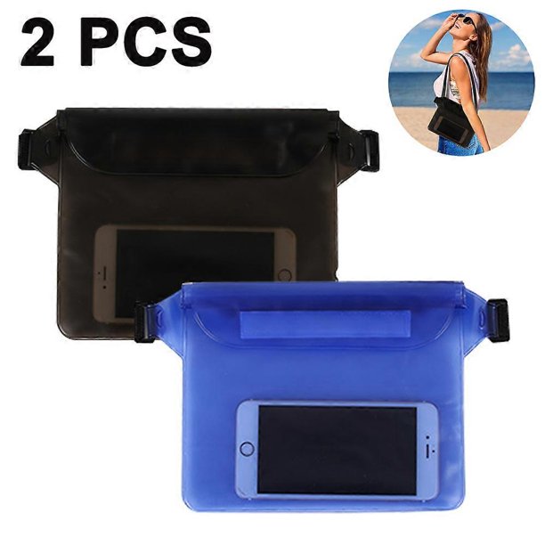 2 Waterproof Pouches With Adjustable Waist Straps, Waterproof Fanny Pack Screen Touchable Dry Pouch - Black + Blue