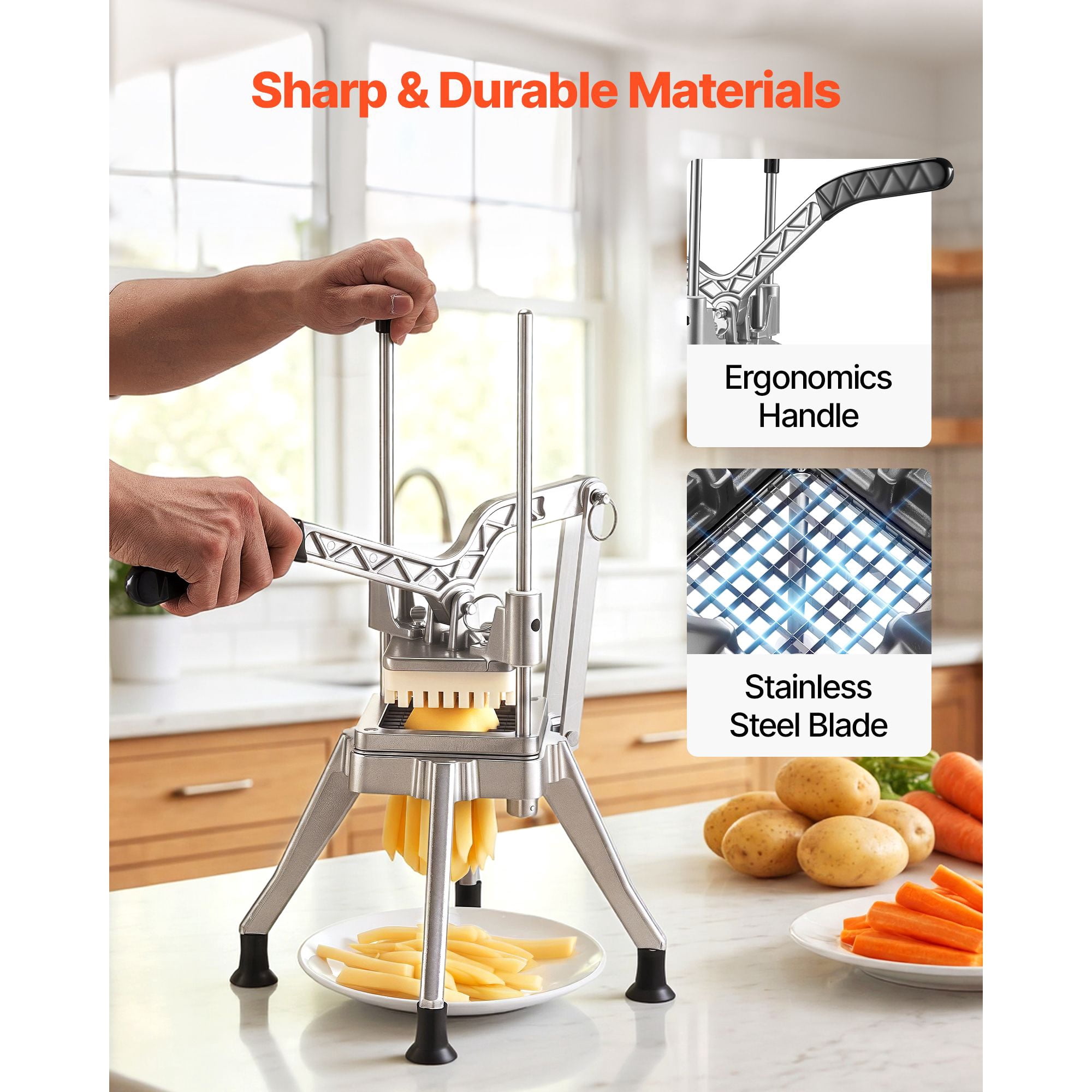 Commercial French Fry Cutter with 1/4" Blade, Lever-Action Vegetable Dicer, Stainless Steel, Four-Corner Support for Kitchen Restaurant