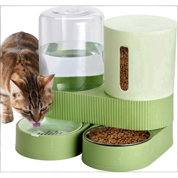 2 Pack Automatic Cat Feeder, Large Capacity Green Gravity Pet Water Dispenser Set with Stainless Steel Pet Food Bowl for Dog Cat