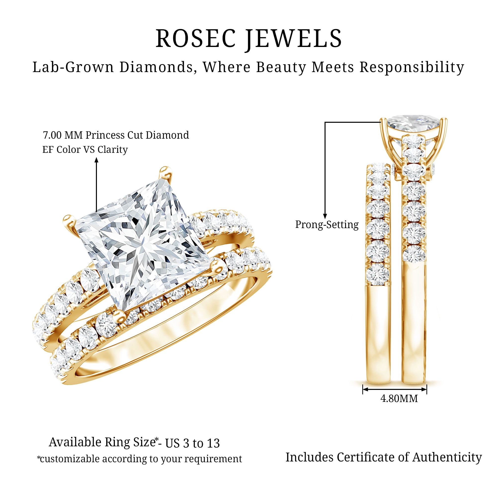 Rosec Jewels IGI Certified 2 Carat Lab Grown Diamond Princess Cut Engagement Ring Set for Women - E-VS1 Quality - With Jewelry Box, 14K Yellow Gold, US 10.00