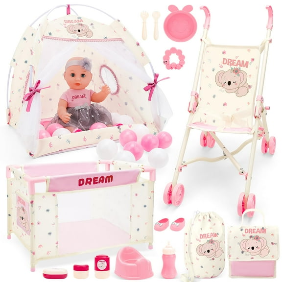 Juego de cochecito para cuna, carpa, cuna, DeAo KB85886 con 14 muñecas