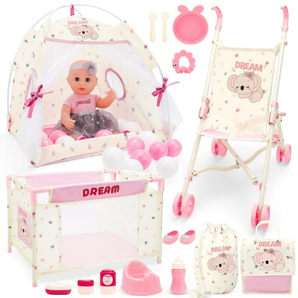 Juego de cochecito para cuna, carpa, cuna, DeAo KB85886 con 14 muñecas