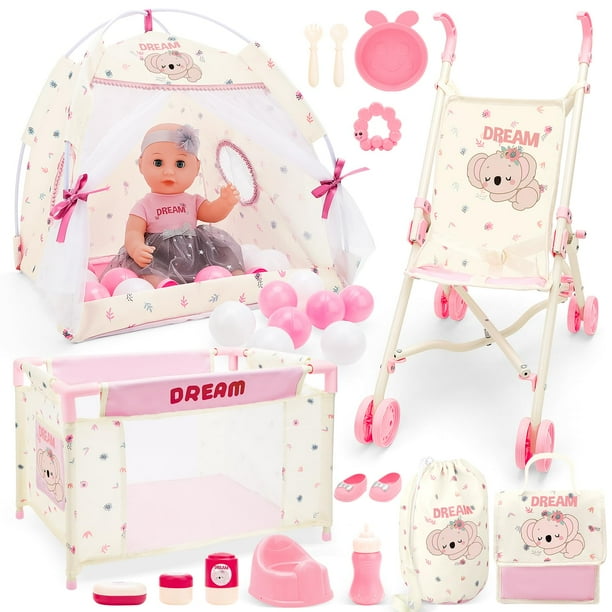 Juego de cochecito para cuna, carpa, cuna, DeAo KB85886 con 14 muñecas