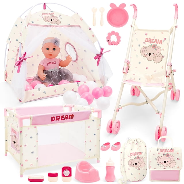 Juego de cochecito para cuna, carpa, cuna, DeAo KB85886 con 14 muñecas