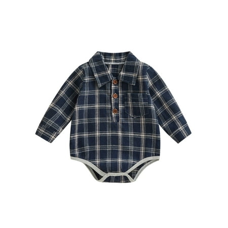 

Coduop Infant Baby Boys Girls Jumpsuit Plaid Print Long Sleeve Lapel Button Decoration Romper