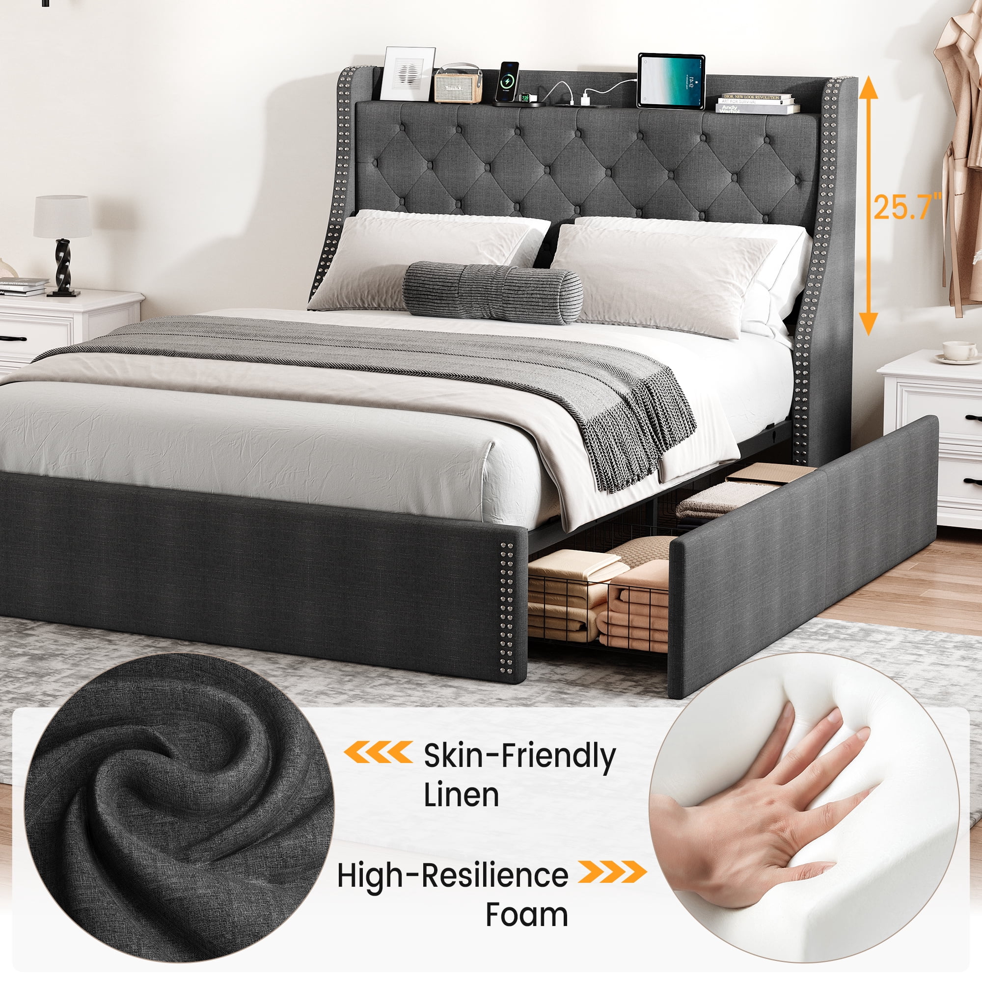 JoanKaren Full Bed Frame,Luxury Upholstered Platform Beds with Charging Station,4 Storage Drawers&Adjustable Headboard,Easy Assembly,Gray