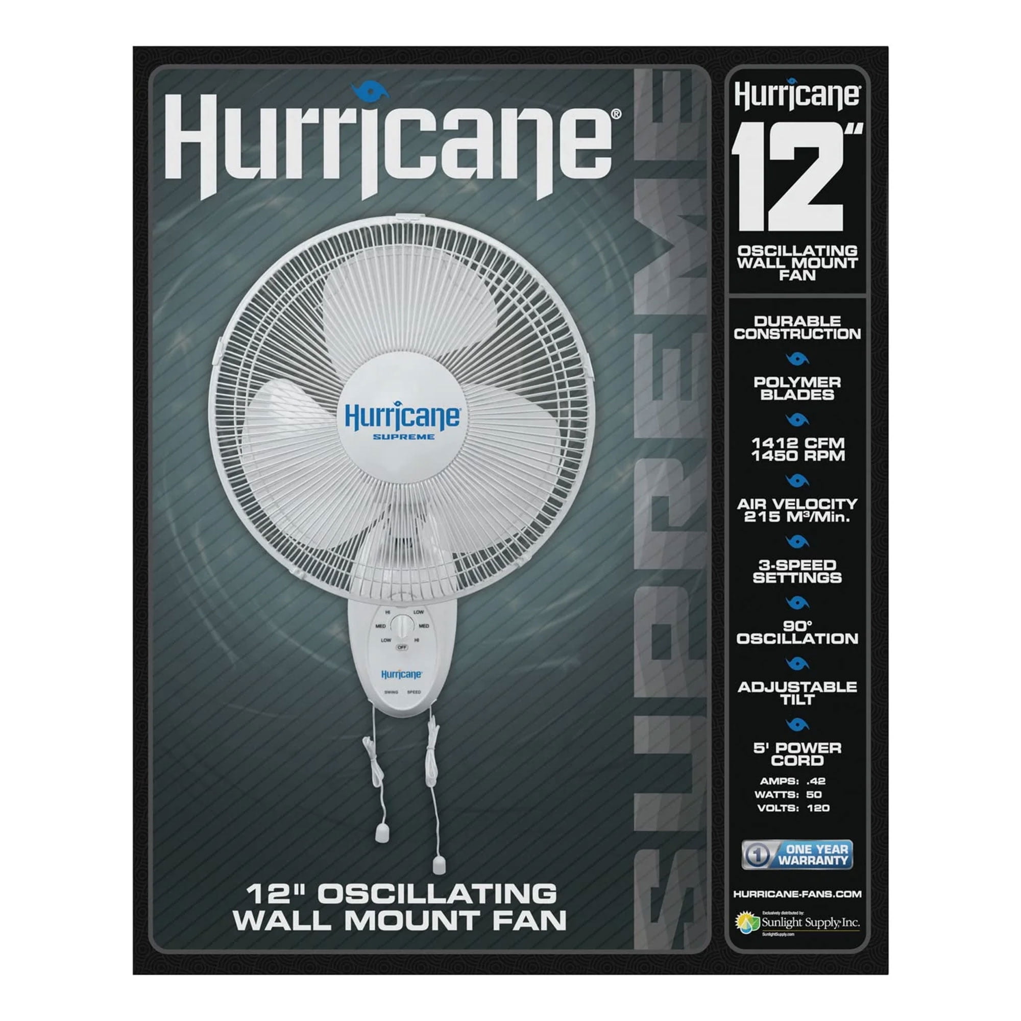 Hurricane Supreme 12” Oscillating 3 Speed Portable Wall Mount Fan, 2 Pack
