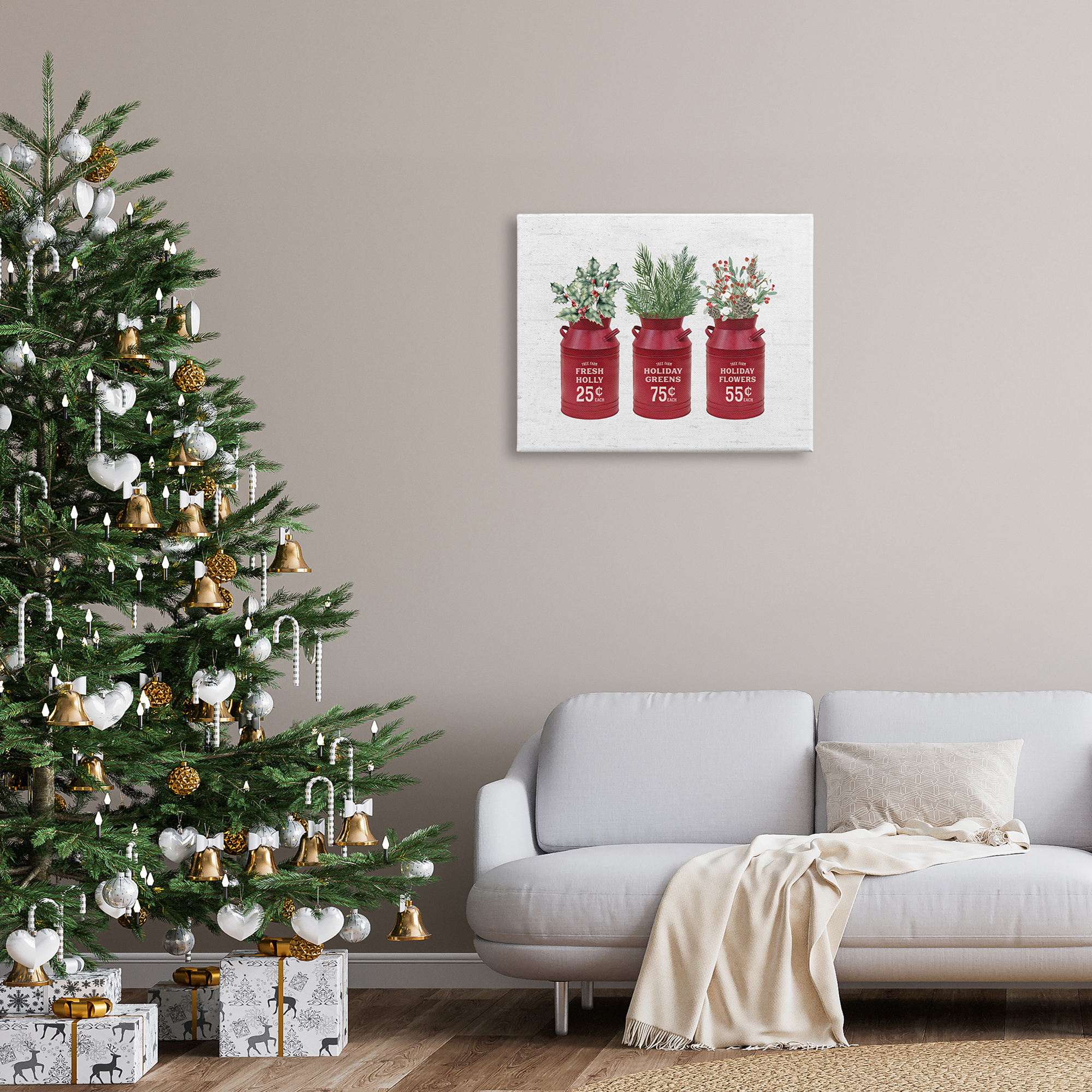 Rustic Country Jugs Festive Holiday Holly Sprigs Botanical & Floral Graphic Art Gallery-Wrapped Canvas Print Wall Art