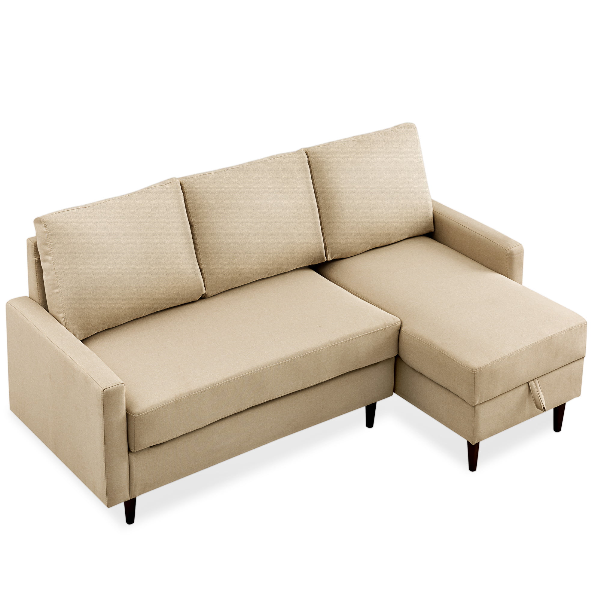 Beige MidCentury Pullout Sleeper Sectional Sofa with