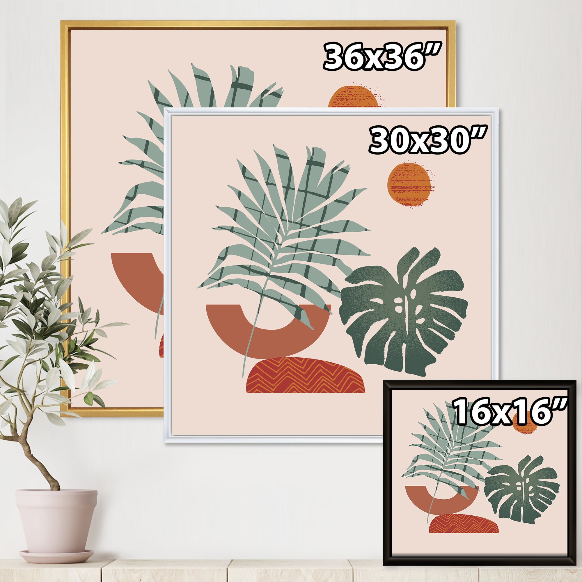 Designart 'Sun and Moon Shapes In Retro Green & Terracotta Tone' Modern Framed Canvas Wall Art Print