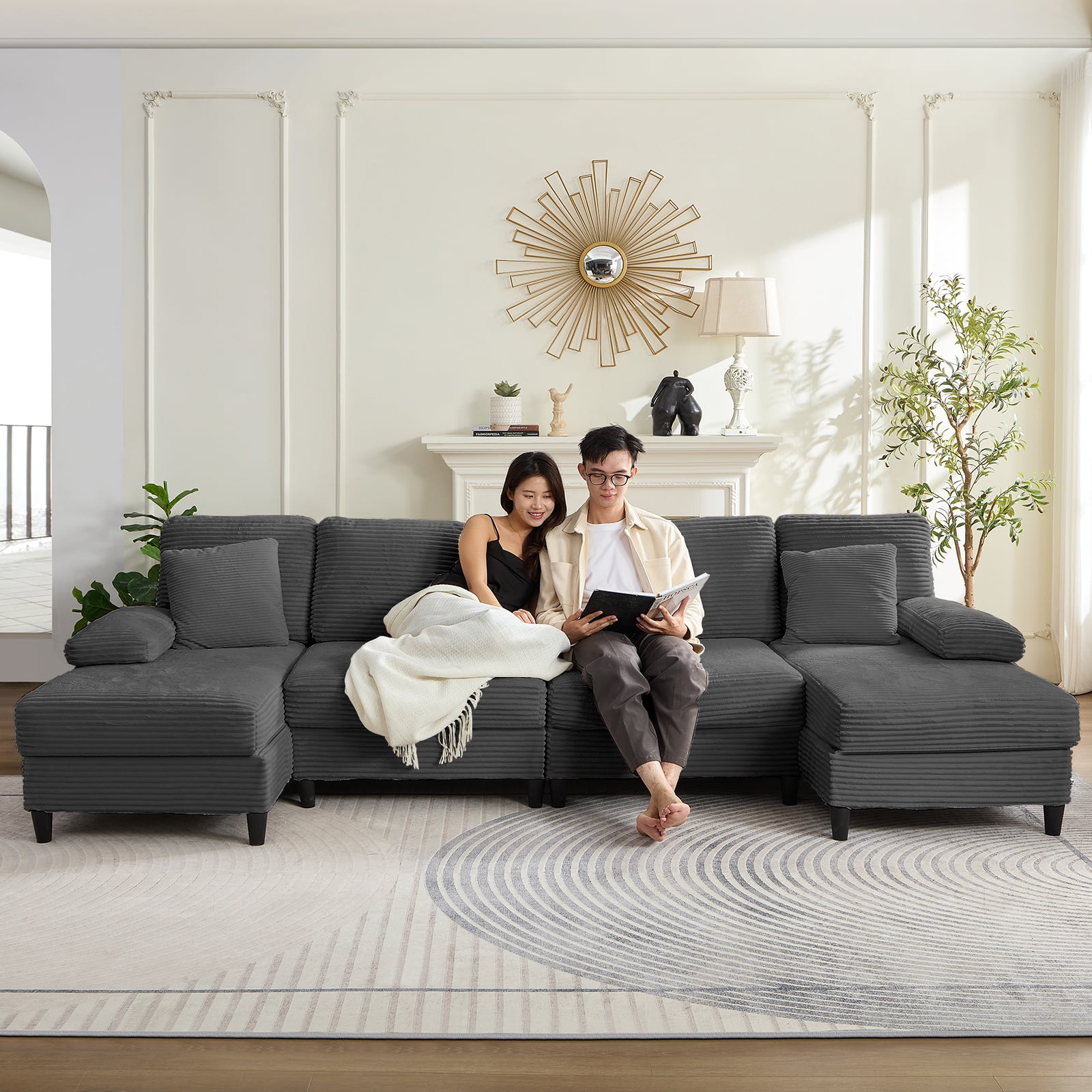 Mjkone U-Shaped Sectional Sofa, 4 Seats Corduroy Couch with Double Comfy Chaise for Living Room - Dark Gray