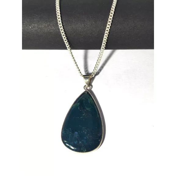 ROYALGEMSTONE Sterling Silver Teardrop Pendant Necklace, Dark Blue Moss Agate Stone, 18-inch