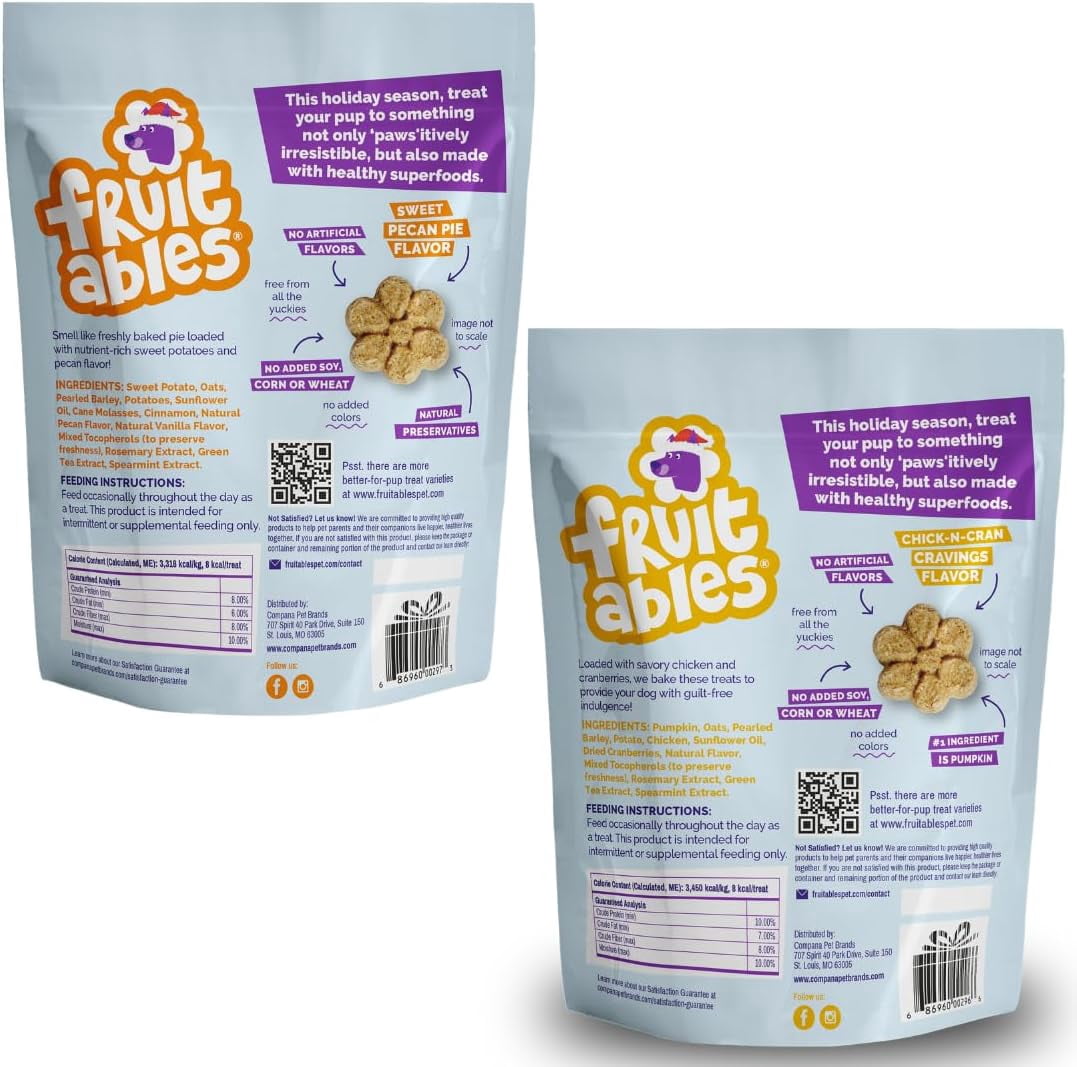 Fruitables Holiday Dog Treat Variety Pack – 8 Bags (7 oz Each) – 4 Chicken & Cranberry + 4 Sweet Potato & Pecan – Natural, Low-Calorie Crunchy Dog Snacks – Limited Edition Seasonal Treat Value Pack