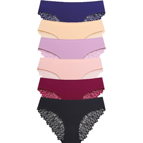 Nivmu 6 Pack Underwear for Women Silky Seamless No Show Panties Ladies Lace Bikini Lightweight Cheeky Hipster S