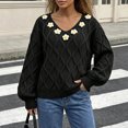 thumbnail image 2 of Edvintorg Womens Sweaters Floral Long Sleeve Casual Knit Sweater V Neck Loose Pullover Top Womens Fashion Black M, 2 of 6
