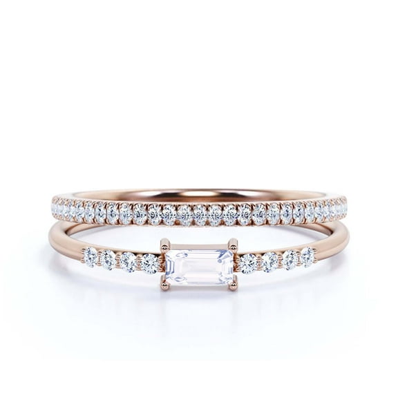 Beautiful Minimalist 1.45 Carat Emerald Cut Diamond Moissanite Engagement Ring, Wedding Ring, One Matching Band in Silver With 18k Rose Gold Plating, Gift For Her, Promise, Anniversary Ring