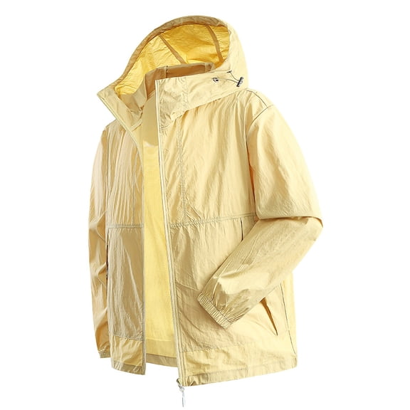 Ahabrexf Lightw8 Summer Jacket Waterproof Windbreaker Hooded Solid Color Casual Long Sleeve Top Suitable for Men