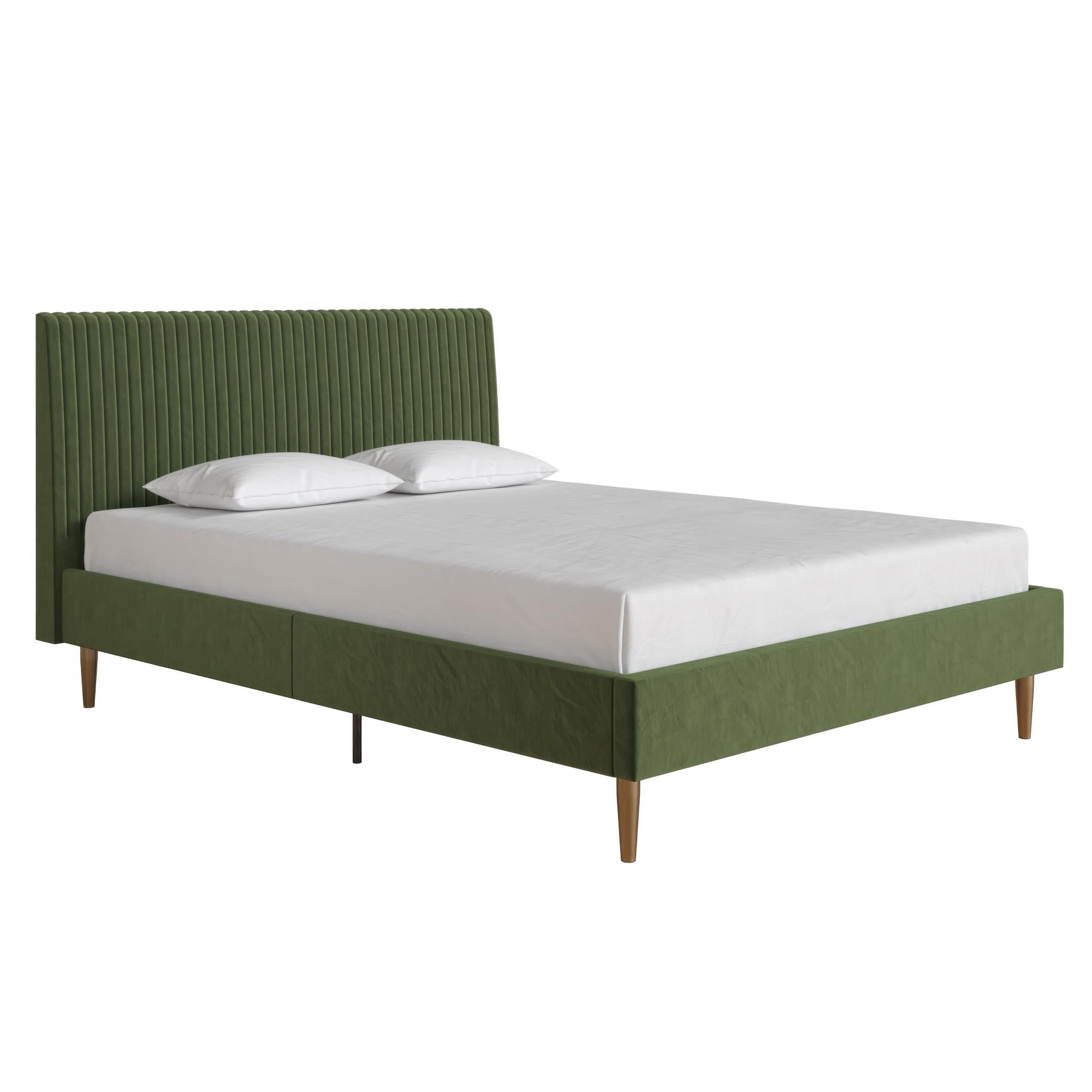 Mr. Kate Daphne Upholstered Bed with Vertical Channel Tufted Headboard, Queen, Olive Green Velvet