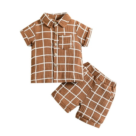 

CenturyX Newborn Baby Toddler Boy 2pcs Outfit Suit Plaid Lapel Short Sleeve Buttons Shirt Tops with Shorts Brown 12-18 Months