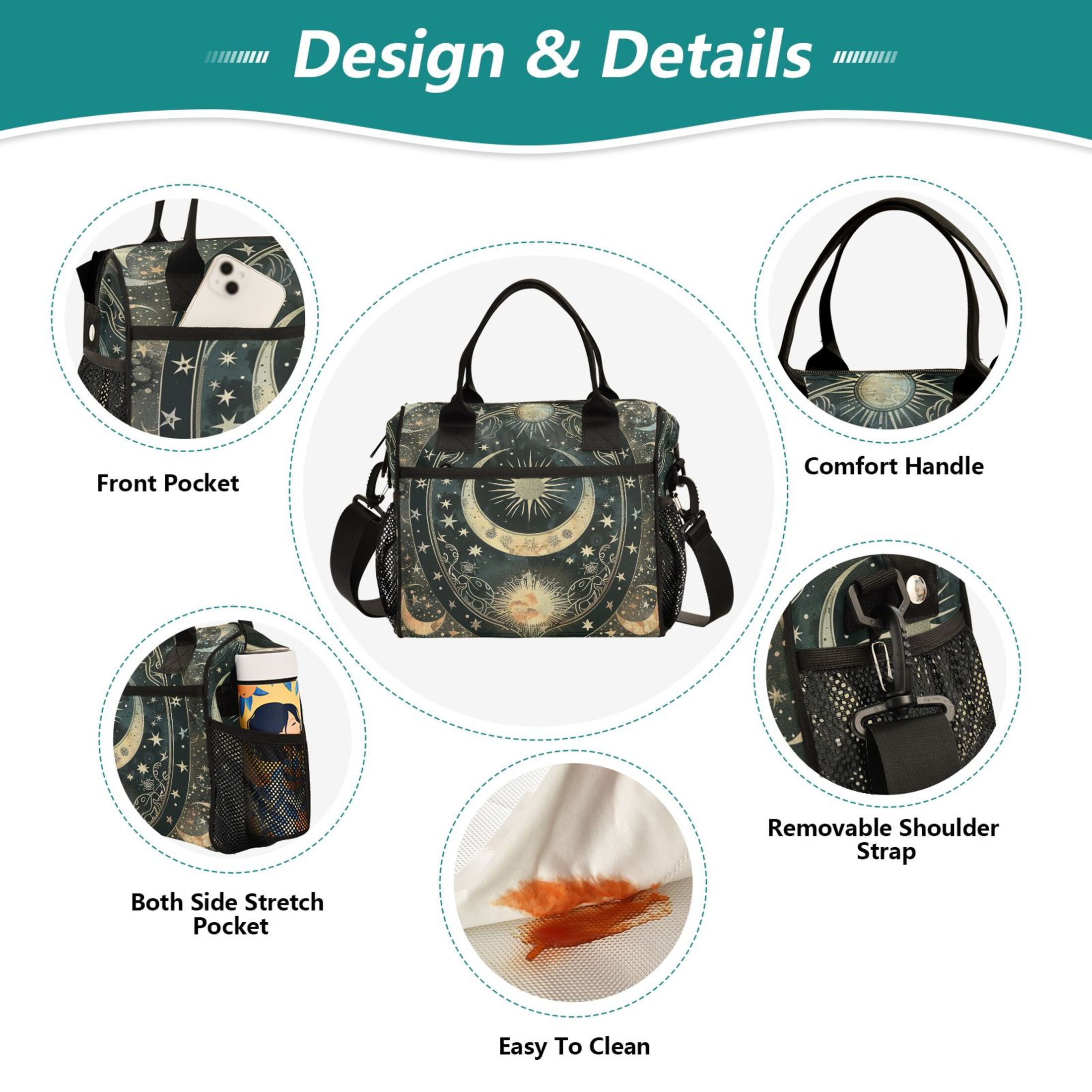 ALAZA Magical Bohomia Moon and Star Insulated Lunch Bag Reusable Tote Box Adjustable Shoulder Strap for Work Picnic
