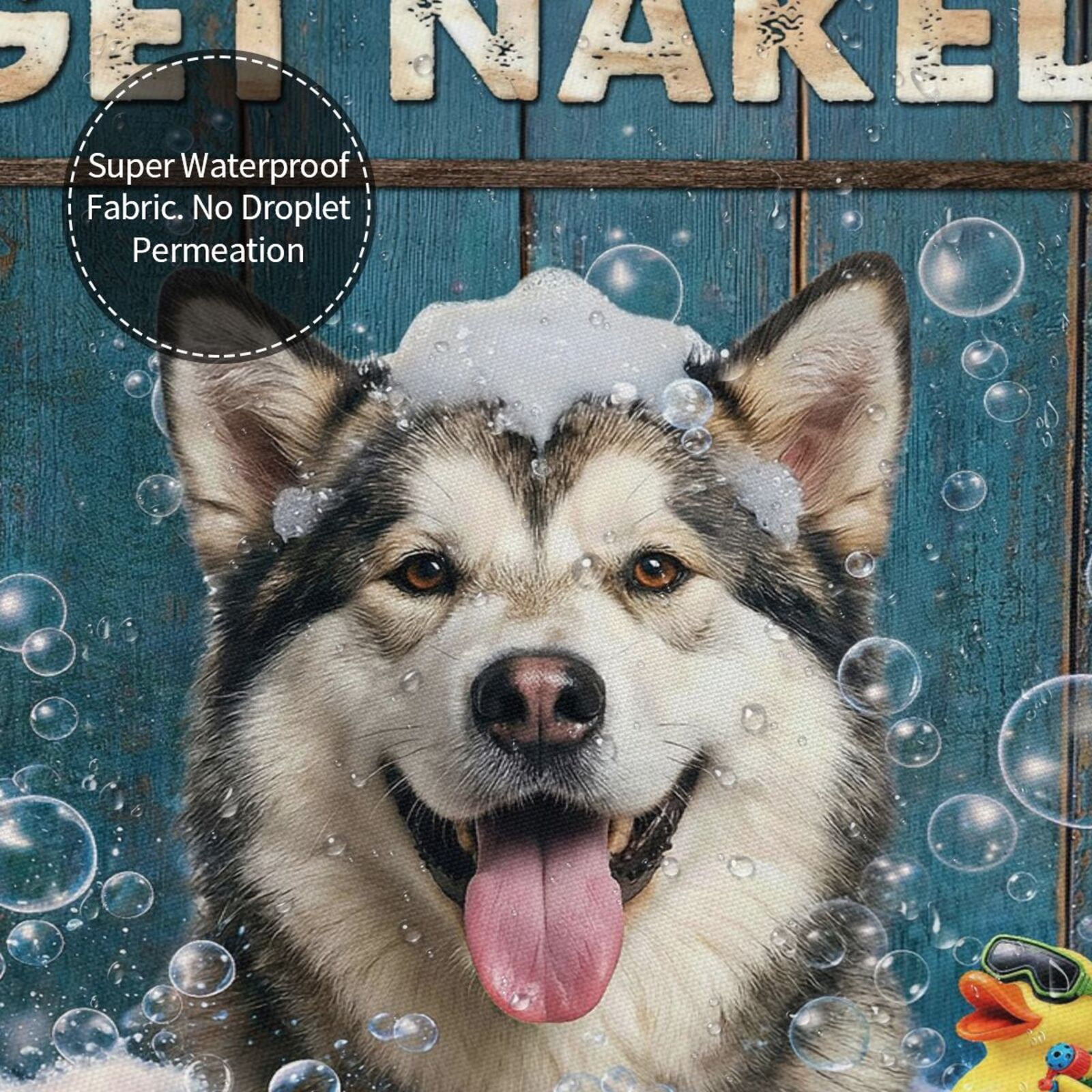 Funny Alaskan Malamute Shower Curtain - Get Naked Humorous Bath Decor, Waterproof Fabric, Cute Dog in Bubbles with Duck, Bathroom Accessory for Dog Lovers - 60"x72"