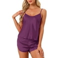 thumbnail image 1 of Conjuntos de pijamas de satén para mujeres INSPIRE CHIC, top de tirantes con pantalones cortos, 2 piezas, ropa de dormir, conjunto de pijama de seda, L, púrpura profundo, 1 of 5