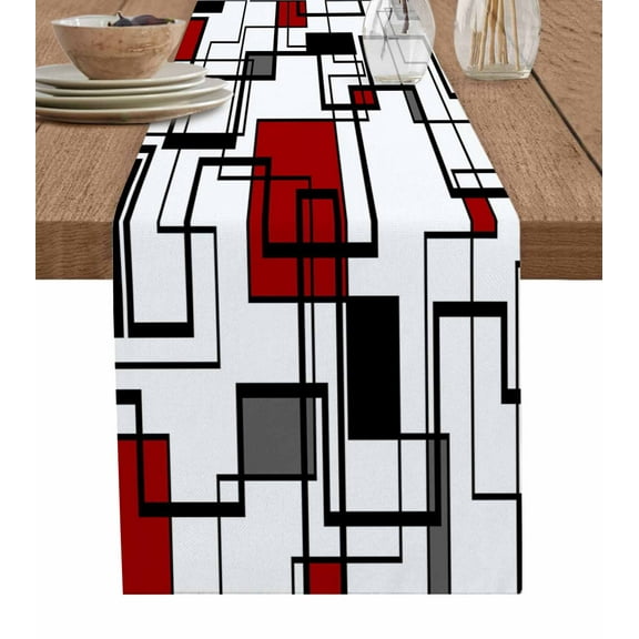 Red Geometric Table Runner Modern Black Gray Abstract Striped Art Tablerunners 18 x 72 Inch, Table Decorations Tabletop Scarf for Summer Gathering Holiday Farmhouse Kitchen Dining Decor
