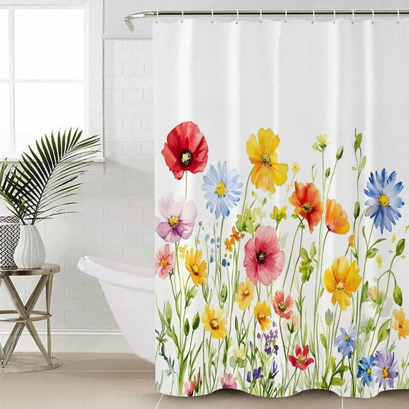 Watercolor Flowers Waterproof Fabric Shower Curtain, Daisy Purple Orange Blue Floral Shower Curtain for Bathroom Curtains Bathtubs Hotel Washable Shower Curtains with 12 Hooks Standard 72x72