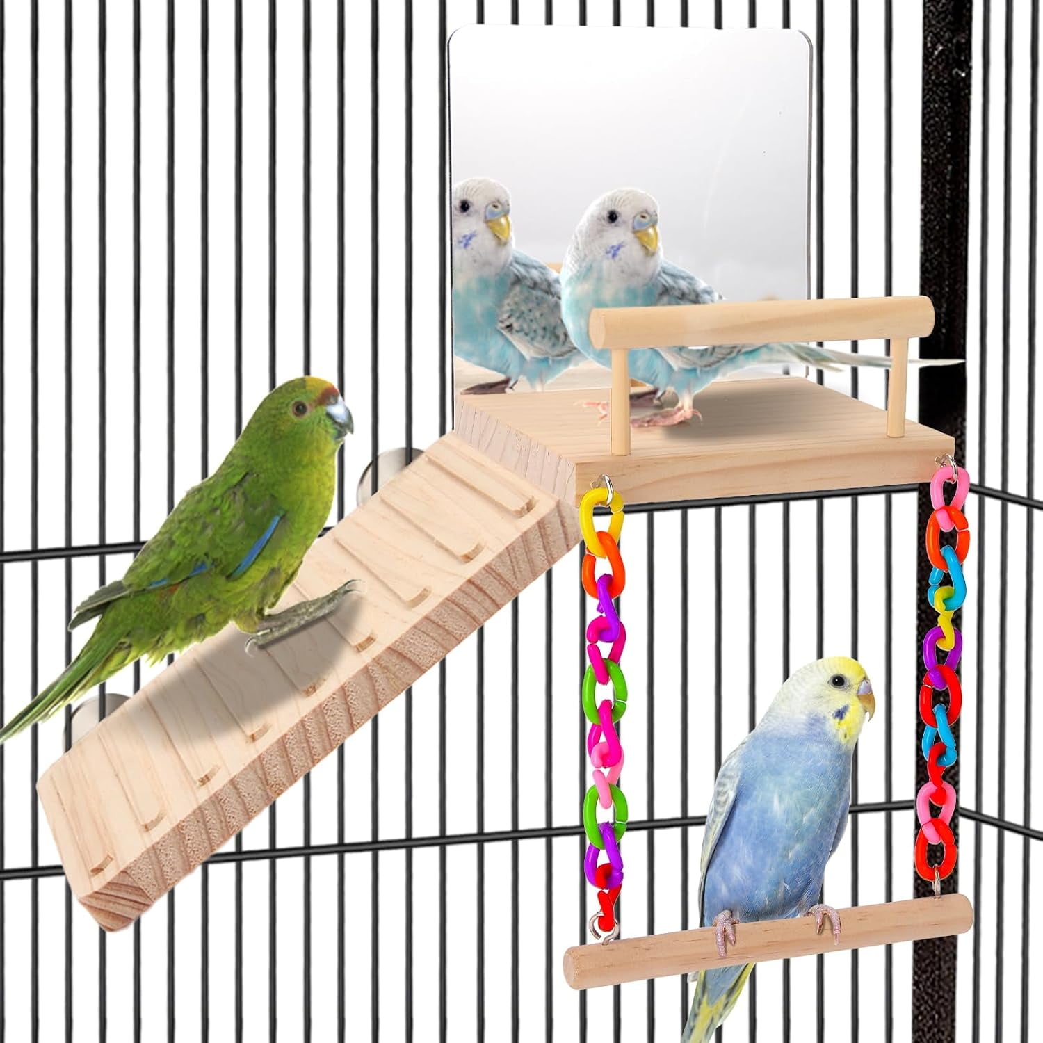 Wooden Bird Play Gym Set, Parakeet Cage Accessories with Bird Mirror, Climbing Ladder and Swing, Natural Safe Bird Toys for Budgies, Cockatiels, Lovebirds, Pacific Parrotlets, Finches and Canaries