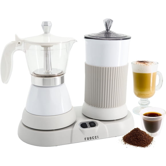 Bote eléctrico para moka FUOCCI de 3 tazas (150 ml) con espumador de leche, color blanco