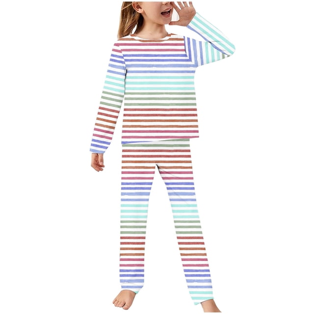 Odeerbi 2-14 Años Niños Niñas Pijama Suave Manga Larga Tops Pantalones Conjunto Suave Rayas Impreso Sleepwear Franela Dos-Pijamas de Dos Piezas