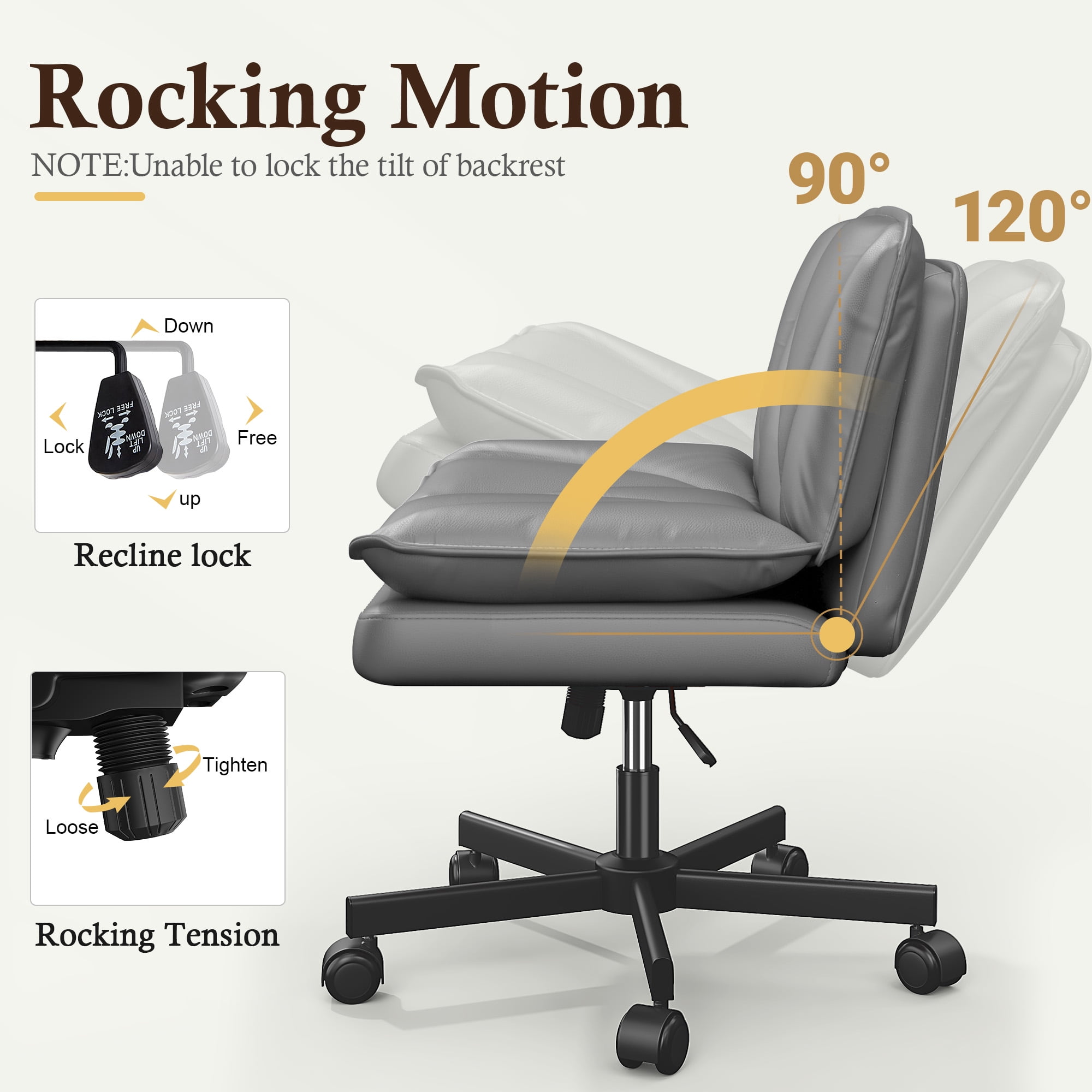 Romorgniz 27" W Chair Criss Cross Legged Office Chair Armless Adjustable Desk Chair with Wheels, Wide Seat, and 2-Layer Cushion, Grey