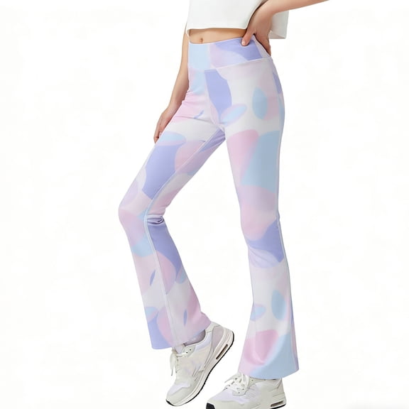 Atogsazn Kids Girls Tie Dye High Waisted Leggings Children Flare Leg Yoga Pants Athletic Bell Bottoms Pant White 6-7Years Fashion