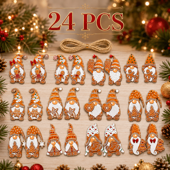 24 Pack Gingerbread Gnome Christmas Tree Ornaments, 12 Styles Hanging Decorations with Jute Twine, 3.15 x 1.97 Inch Holiday Decor