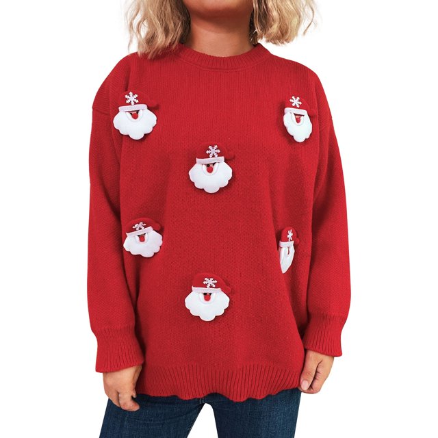 Grand Chandail de Noël Rouge pour Femmes, Chandail Décoré 3D, Automne et Hiver, Décontracté