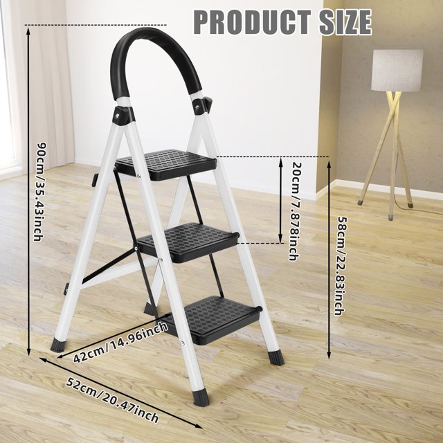 Limorve Step Ladder, 3 Step Ladder Folding Step Stool, Multi-Purpose Collapsible Ladder for Home or RV Outdoor Work, Heavy Duty 330 lbs Load (White, Red)