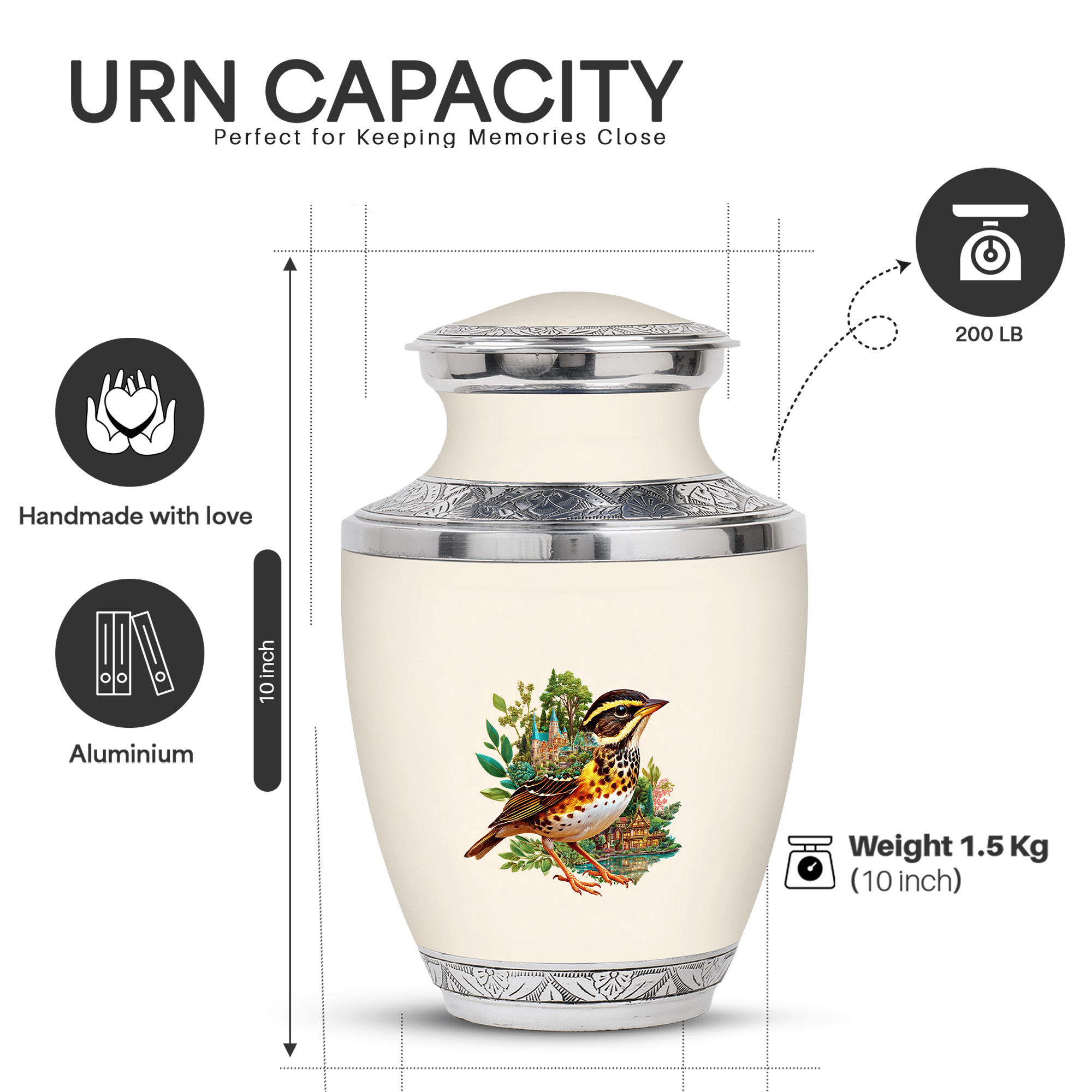 Yatskia Castle Sparrow Little Memorial Urn for Ashes Adult Male, Decorative Urns for Human Ash, Large Funeral Urns for Human Ashes Adult Female, (Tasty 10 Inch and 3 Inch)