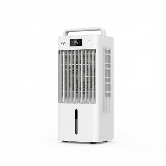Evaporative Air Cooler with Touch Screen & Remote, 2.6 Gal Water Tank, 3 Speeds & Modes, LED Display, Includes Ice Packs & Casters, for Home/Office/Bedroom, White